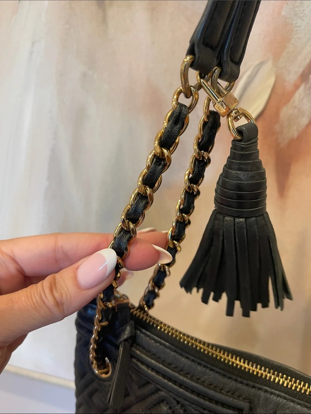 Tory Burch Black Quilted Leather Chain Shoulder Bag with Tassel